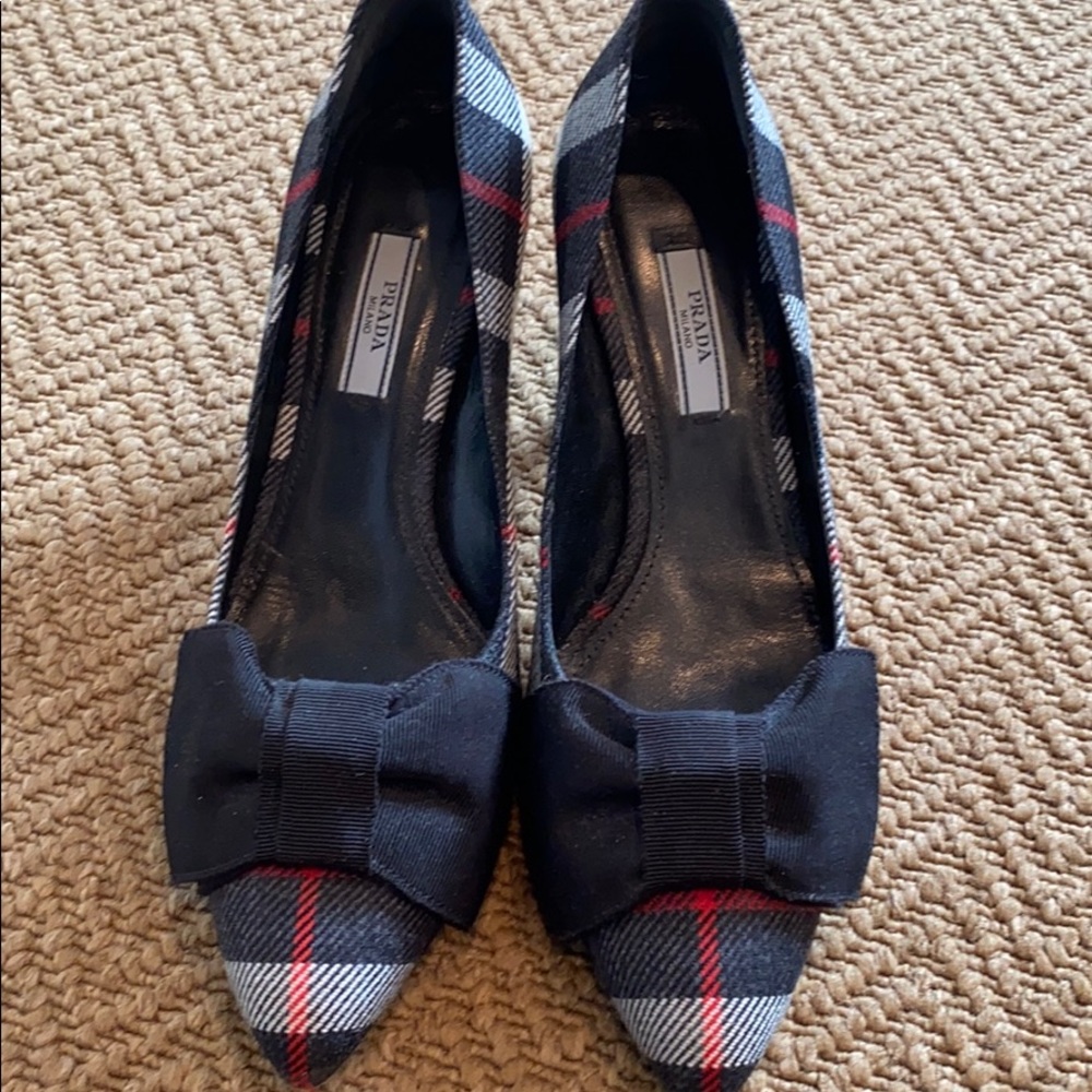 Prada Kitten heels. Plaid wool with bow